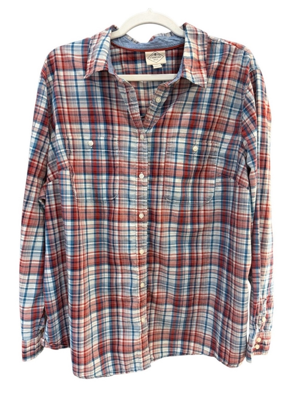 St. John’s Bay 2X Red Blue Plaid Button Down Shirt Plus Size